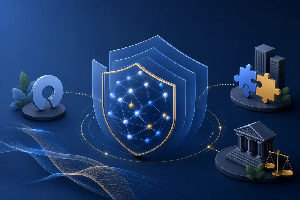 Rede digital protegida representa colaboração e segurança no uso empresarial da inteligência artificial