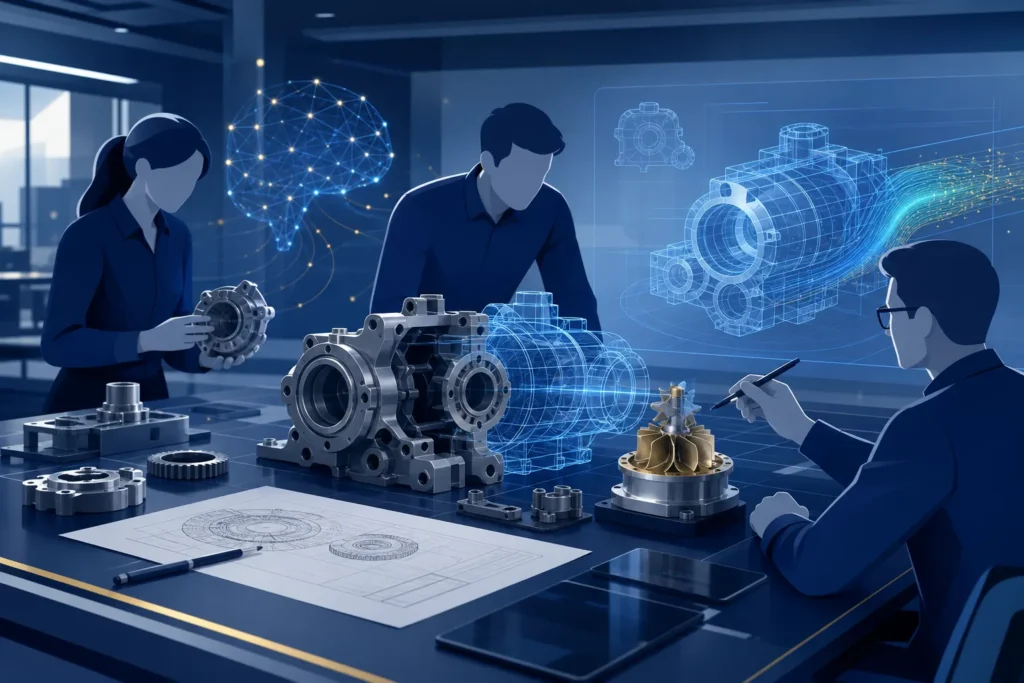 Projeto industrial tridimensional sendo analisado por recursos visuais de inteligência artificial e simulação