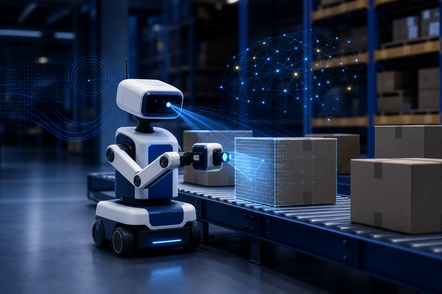 Robô compacto analisando caixas em um armazém com inteligência artificial embarcada