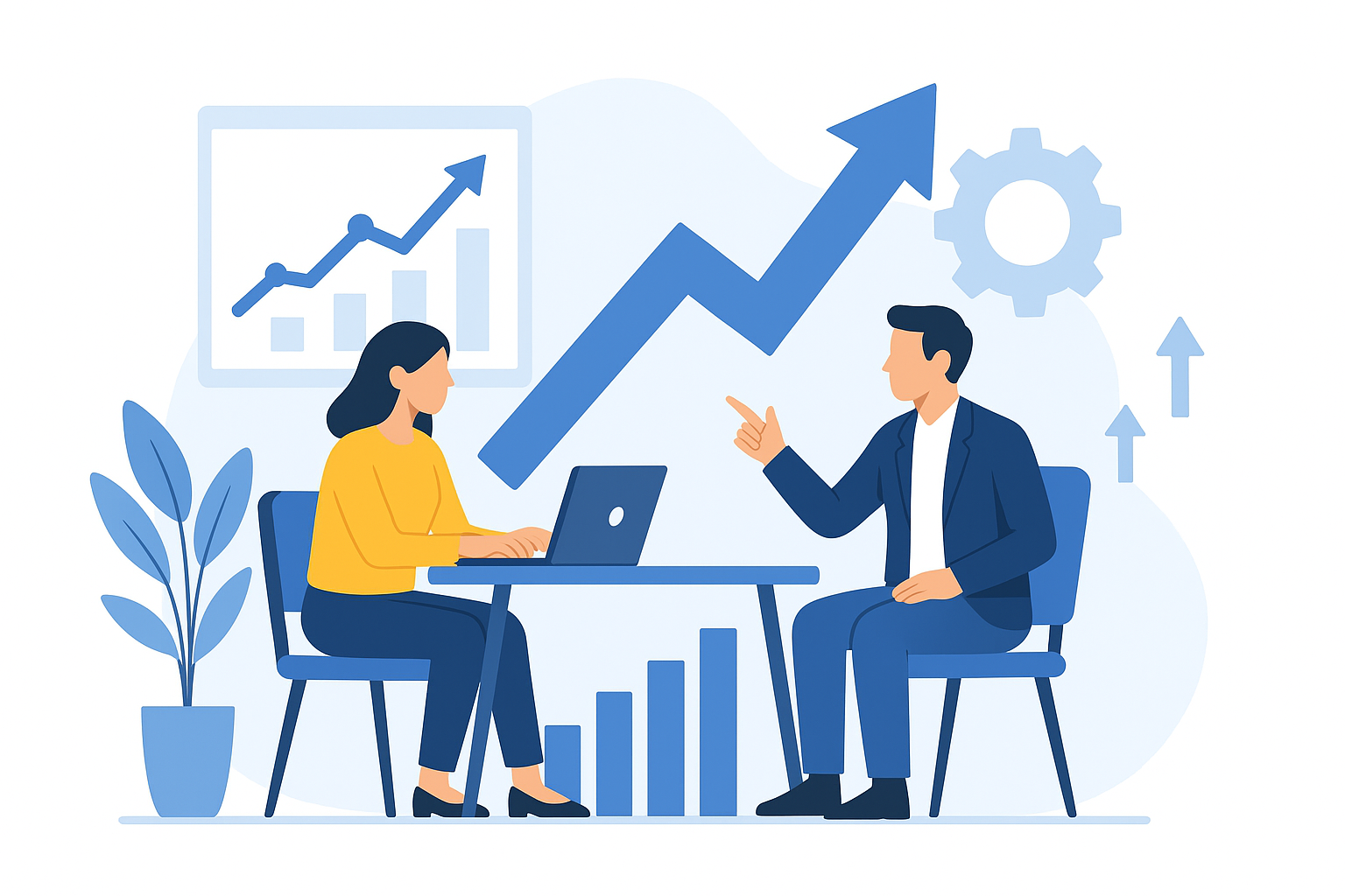 Ilustração editorial horizontal de pequenos empreendedores recebendo consultoria em ambiente profissional, com símbolos de crescimento e apoio empresarial