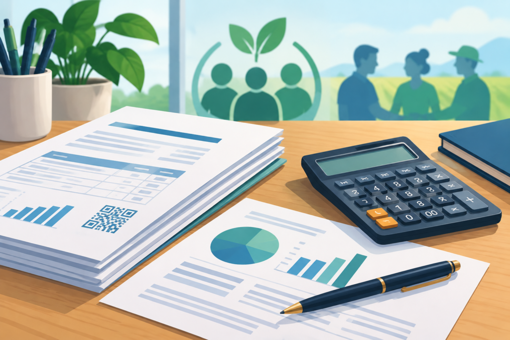 mesa com documentos fiscais, calculadora e caneta representando orientacao tributaria para cooperativas
