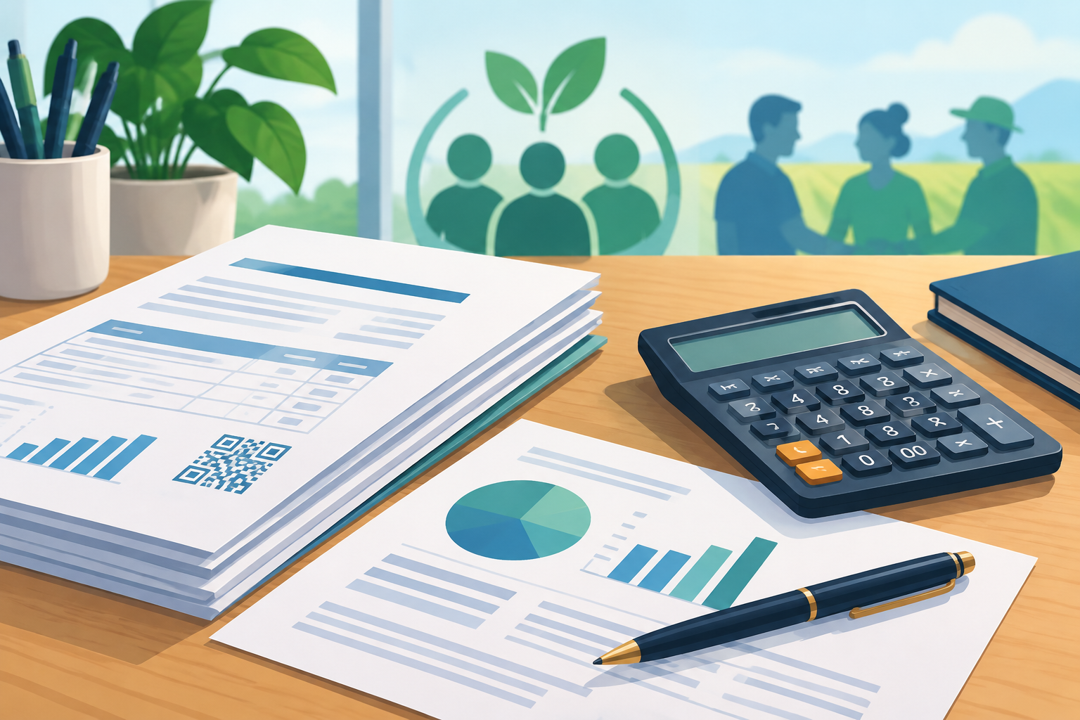 mesa com documentos fiscais, calculadora e caneta representando orientacao tributaria para cooperativas