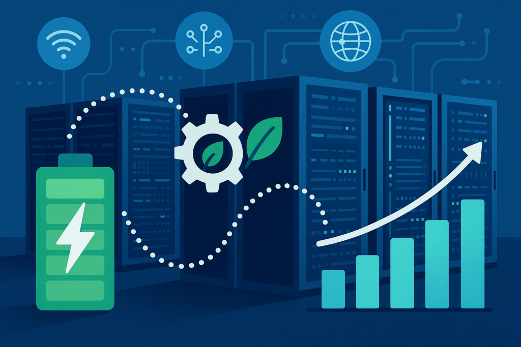 Ilustração de um data center moderno com gráficos digitais simbolizando gerenciamento inteligente de energia e conexões tecnológicas