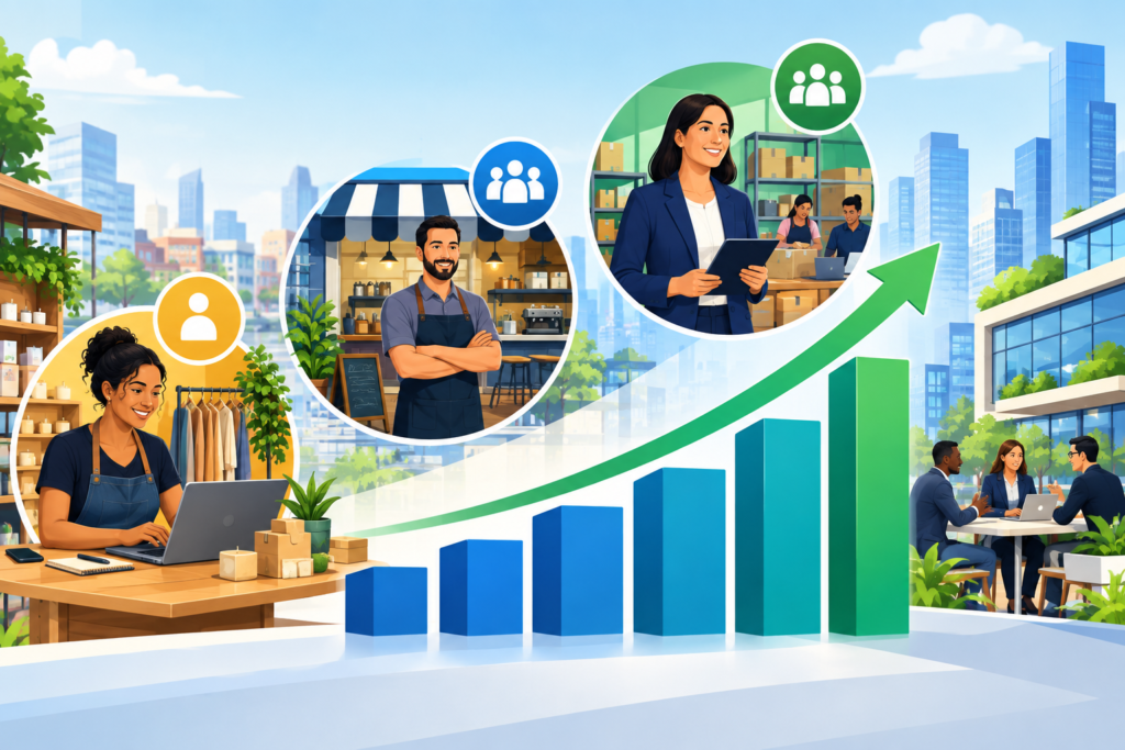 gráfico de crescimento econômico com ícones de microempreendedores individuais e pequenas empresas em ambiente de negócios moderno e dinâmico