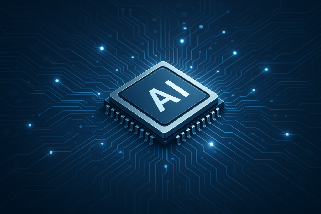Ilustração de um chip de processador moderno com circuitos digitais e conexões luminosas em fundo tecnológico azul e cinza.