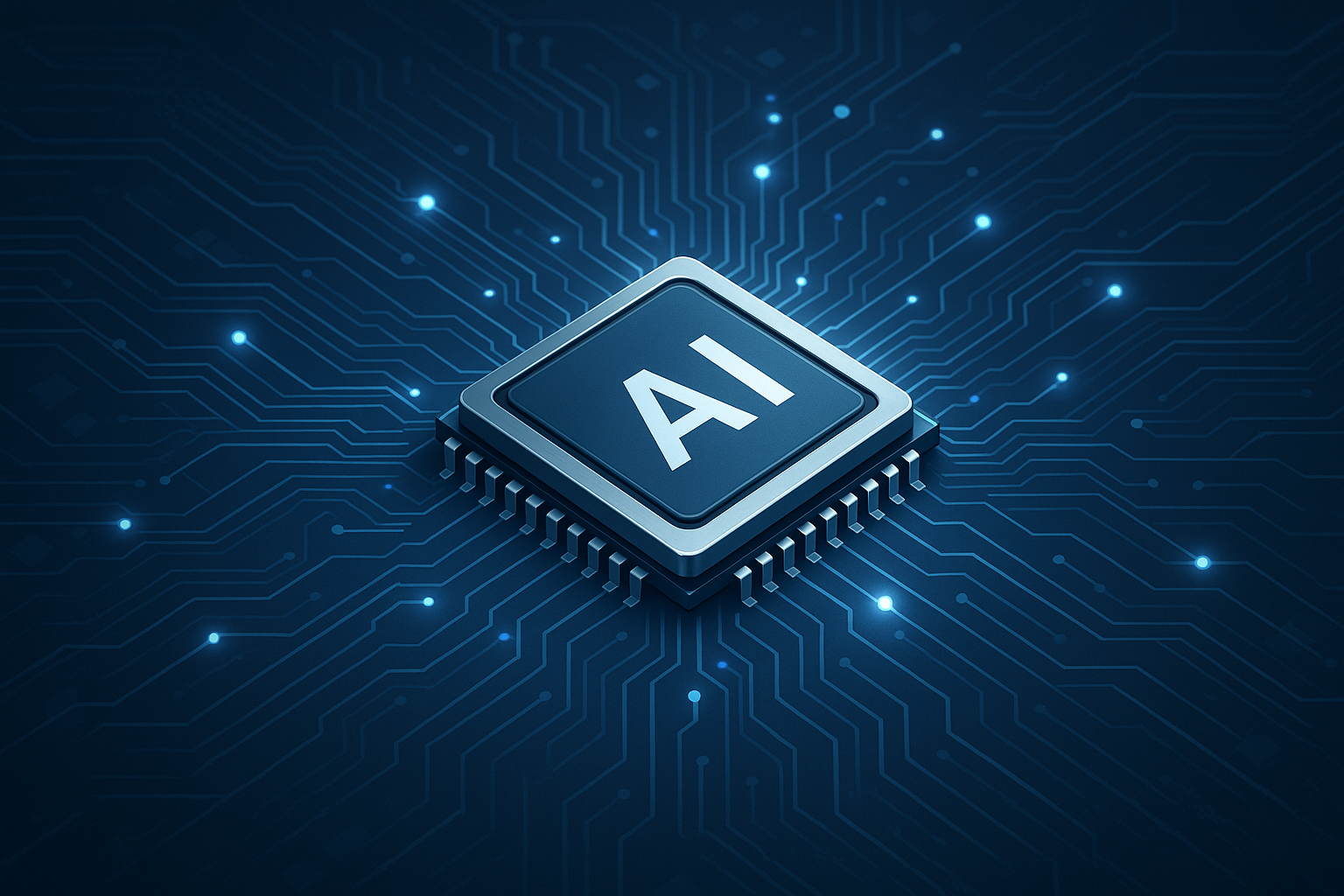 Ilustração de um chip de processador moderno com circuitos digitais e conexões luminosas em fundo tecnológico azul e cinza.