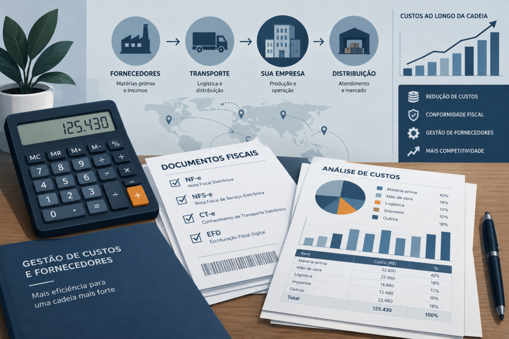 Ilustração editorial com calculadora, documentos fiscais, gráficos de custos e cadeia de fornecedores em estilo corporativo horizontal