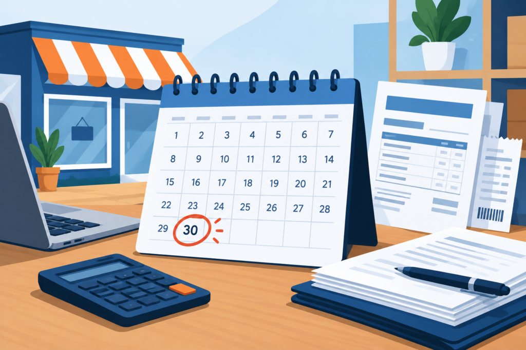 Calendário com destaque para o dia 30 de setembro, acompanhado de ícones representando pequenas empresas e documentos fiscais em estilo editorial moderno