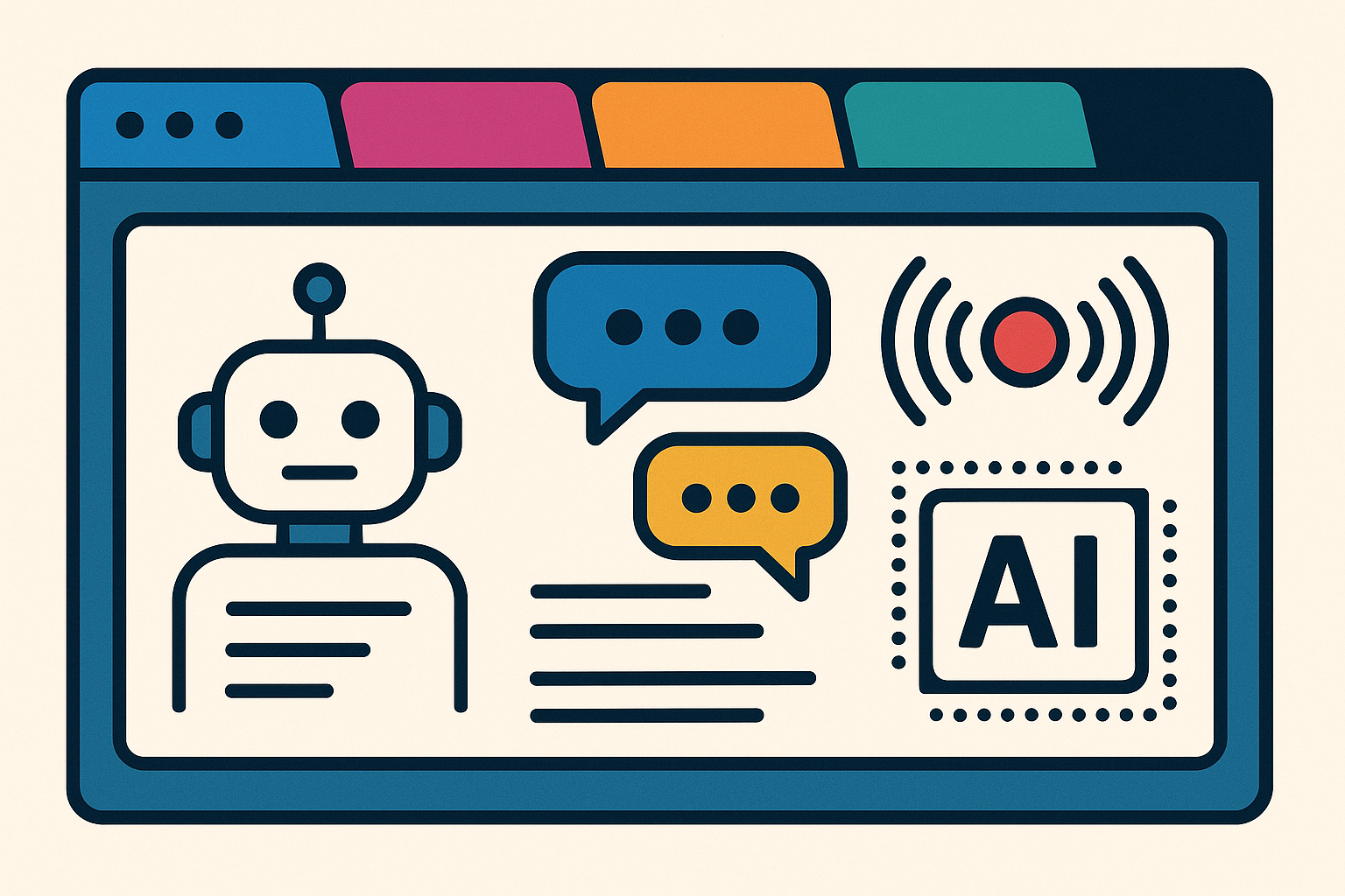Interface digital com abas temáticas coloridas, ícones de inteligência artificial e símbolos de transmissão ao vivo em estilo moderno e tecnológico