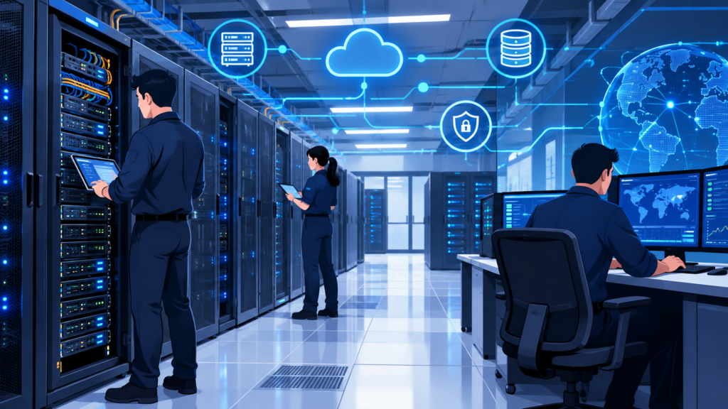 imagem editorial horizontal de servidores modernos em um datacenter com elementos tecnológicos e infraestrutura digital