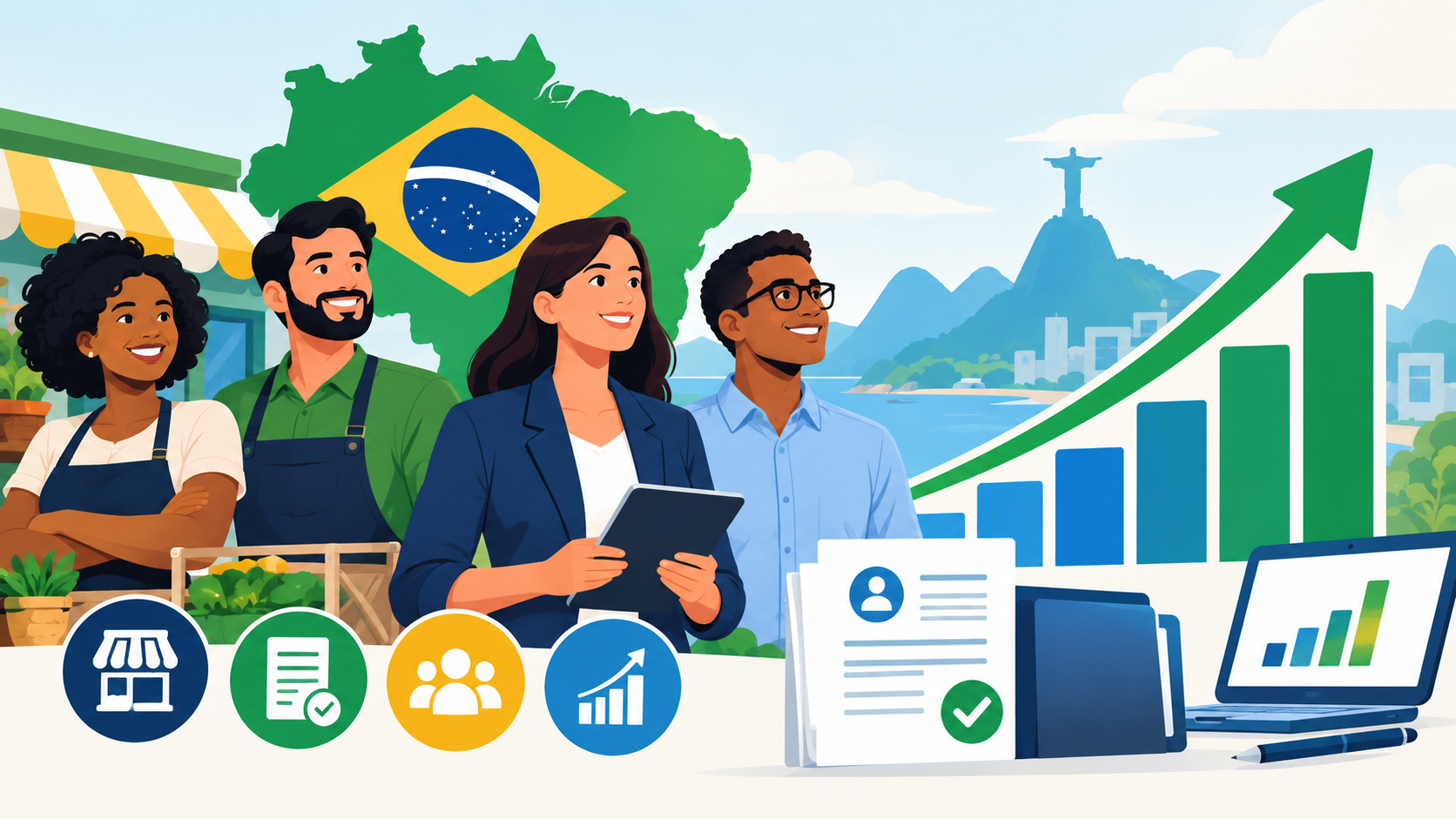 Ilustração editorial horizontal com gráficos e ícones representando crescimento de empreendedores formais no Brasil