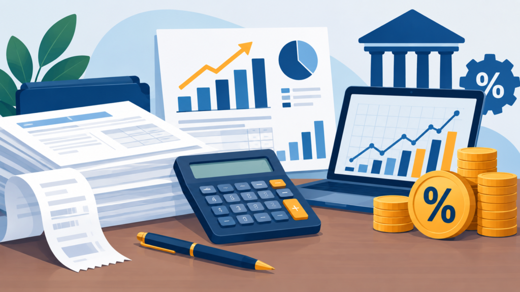 Ilustração editorial com documentos fiscais, calculadora, gráficos financeiros e símbolos de impostos em composição horizontal