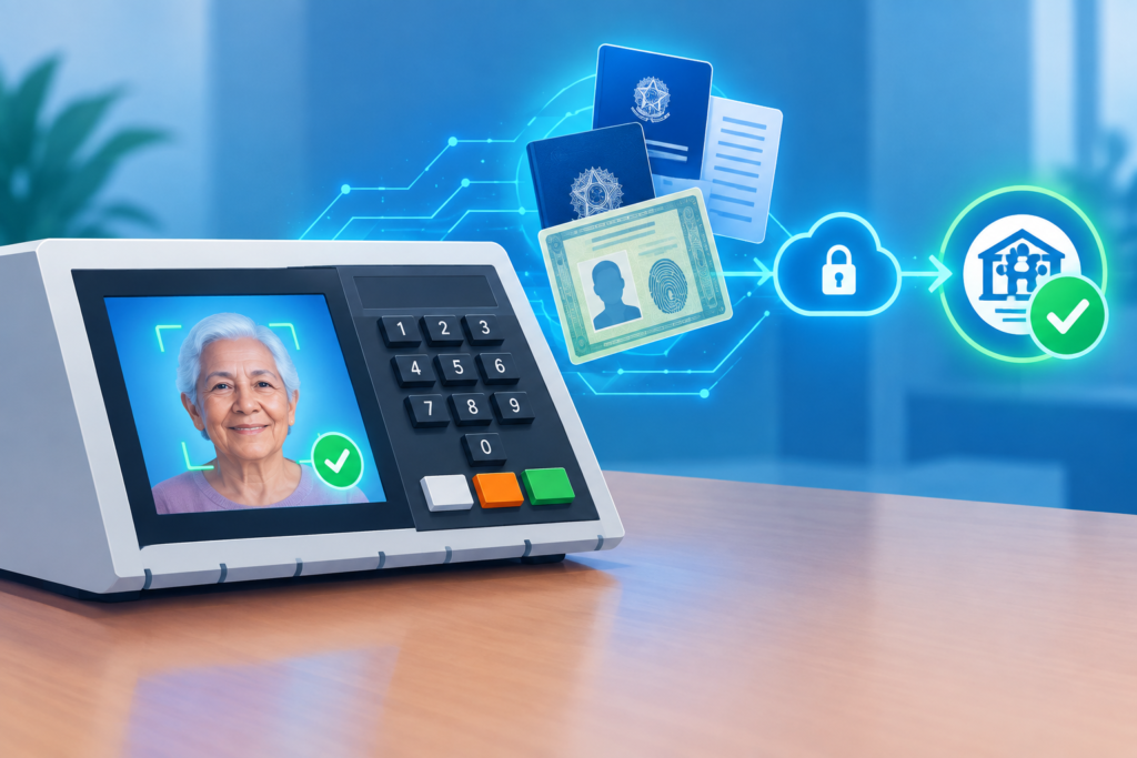 Ilustração editorial horizontal com urna eletrônica e documentos oficiais digitais representando a Prova de Vida automática do INSS