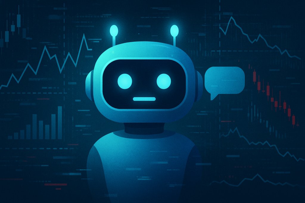 Ilustração digital abstrata de um chatbot com gráficos de instabilidade e elementos tecnológicos em tons frios, estilo moderno e horizontal