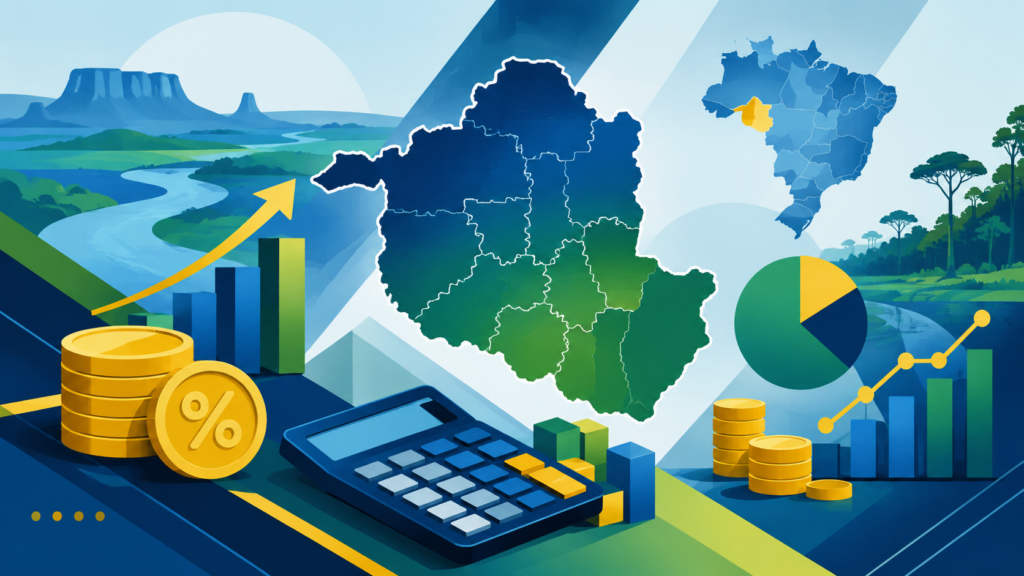 Ilustração editorial horizontal com mapas estilizados de Rondônia, gráficos financeiros e elementos abstratos representando cálculos de impostos