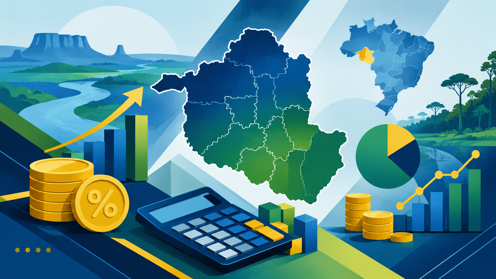 Ilustração editorial horizontal com mapas estilizados de Rondônia, gráficos financeiros e elementos abstratos representando cálculos de impostos
