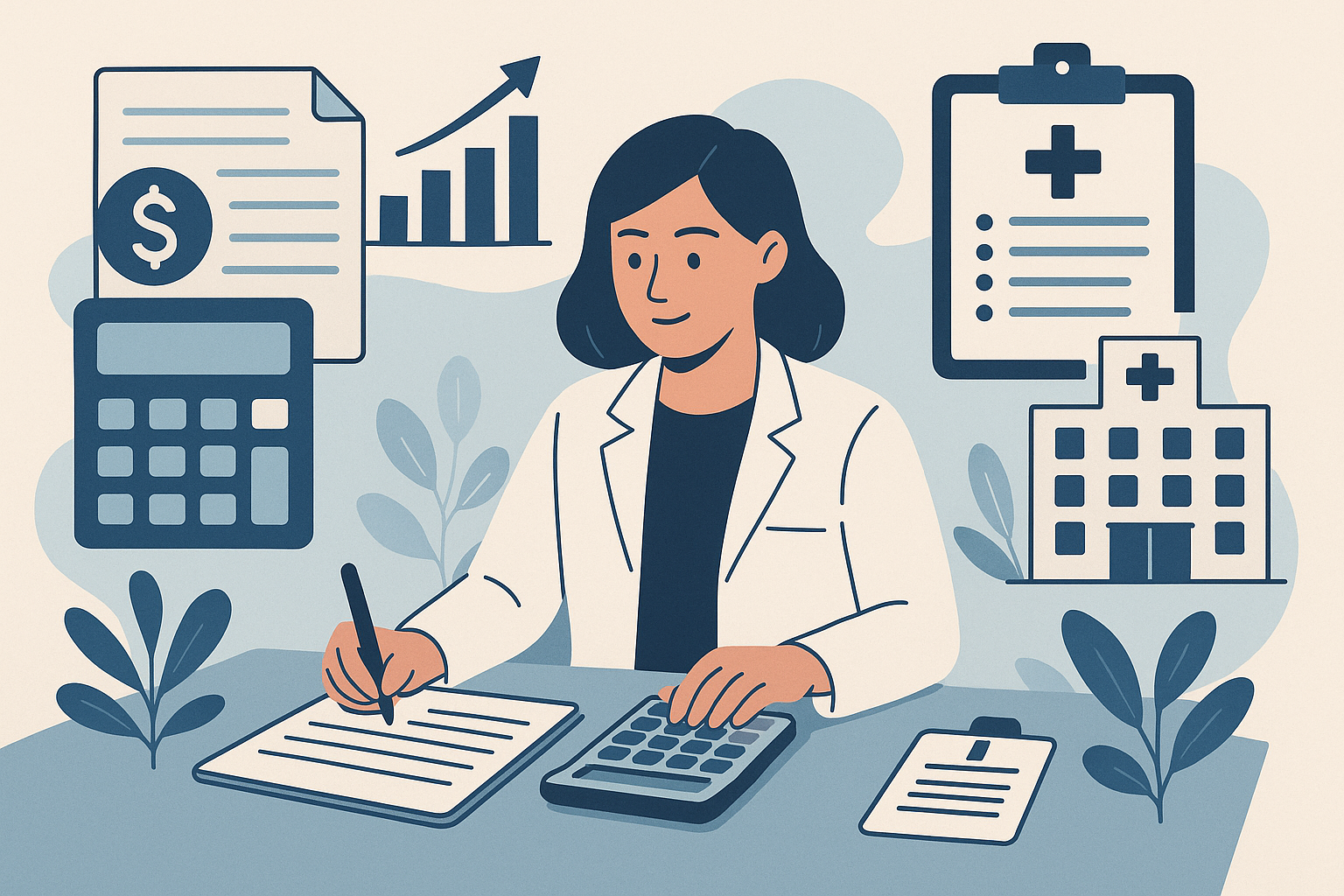 Ilustração editorial mostrando elementos gráficos relacionados à contabilidade e serviços hospitalares, com hospital estilizado e documentos fiscais