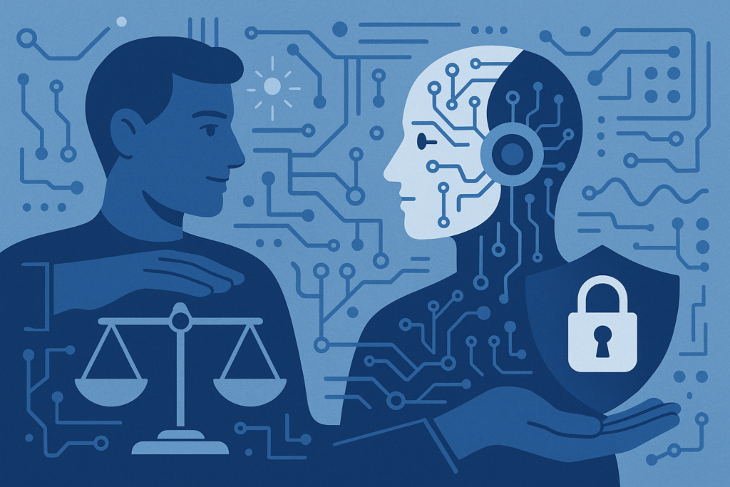 Ilustração editorial horizontal mostrando elementos abstratos de inteligência artificial e símbolos que representam controle humano e segurança tecnológica