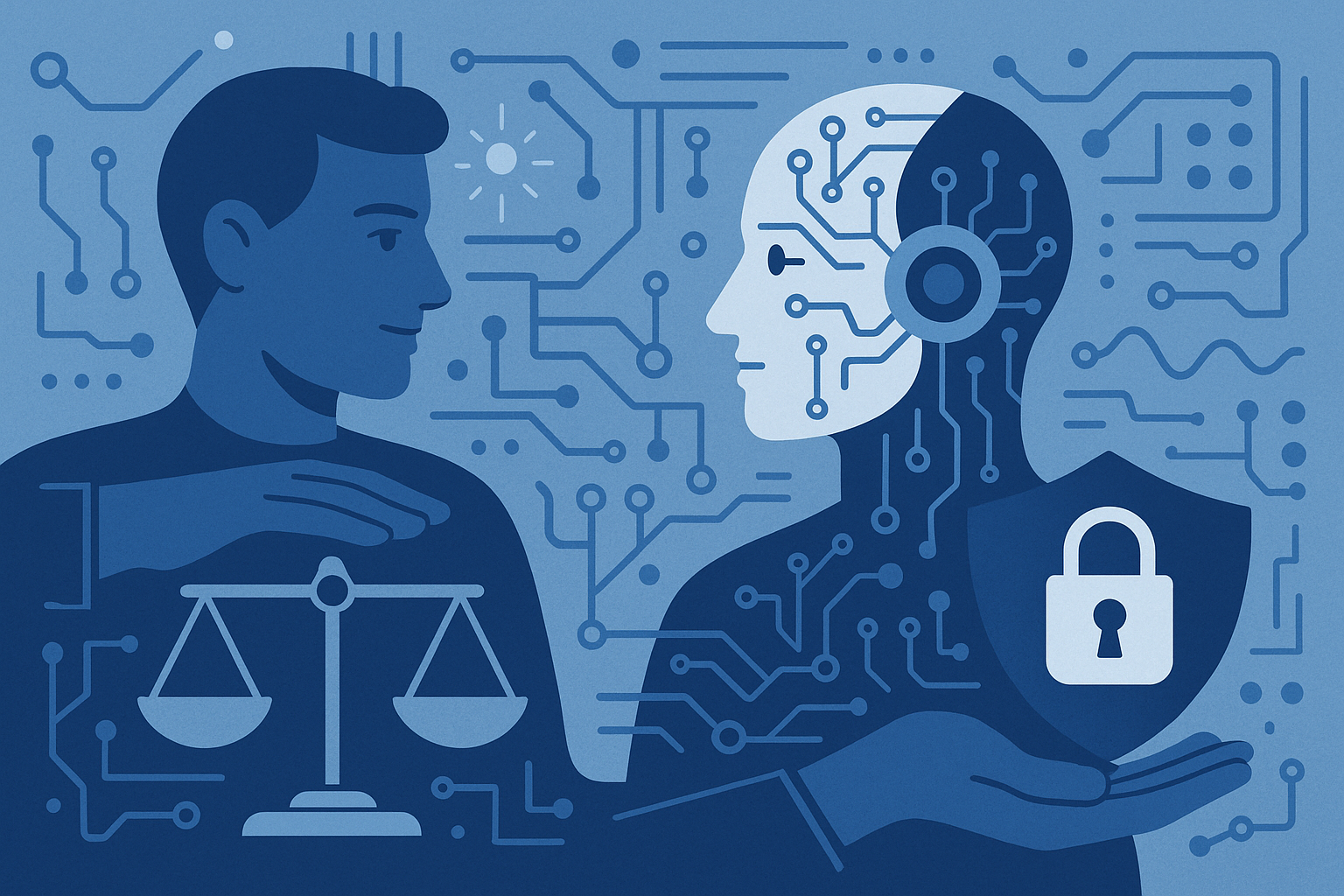Ilustração editorial horizontal mostrando elementos abstratos de inteligência artificial e símbolos que representam controle humano e segurança tecnológica
