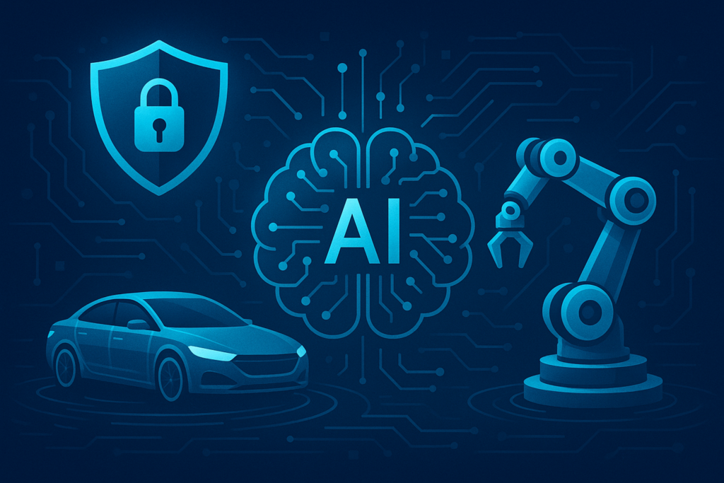 Imagem editorial sobre Segurança na inteligência artificial física para veículos autônomos e robôs industriais