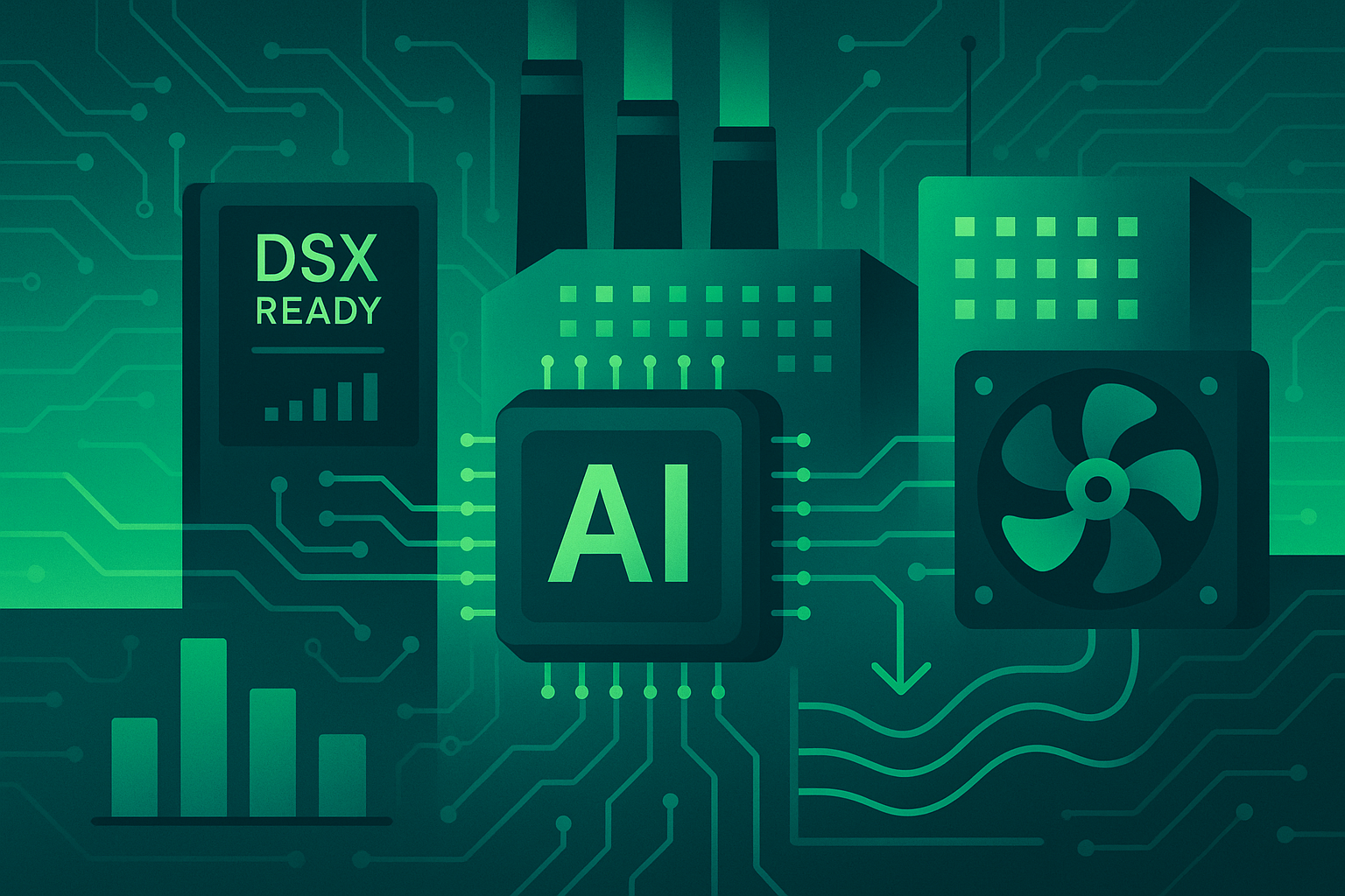 Imagem editorial sobre NVIDIA lança programa DSX Ready para otimizar energia e refrigeração em fábricas de IA