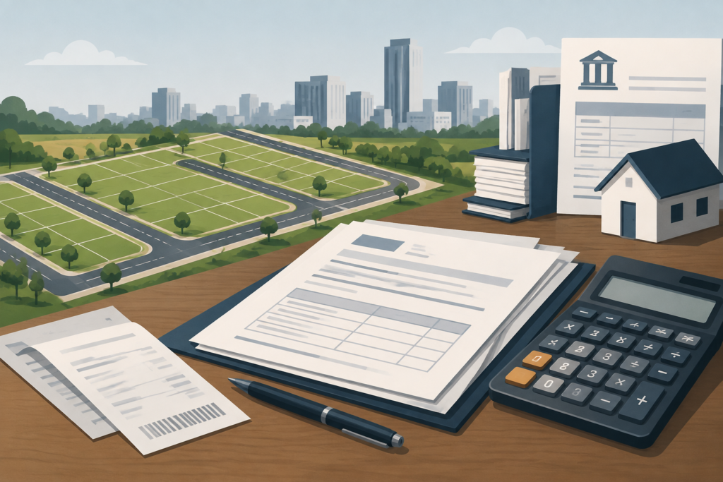 Ilustração editorial horizontal com representação de loteamento urbano, documentos fiscais e calculadora em estilo moderno e cores sóbrias