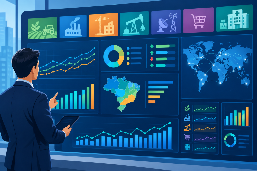 painel digital horizontal com gráficos de barras e linhas, mapas regionais e ícones representando setores econômicos, ilustrando análise de desempenho empresarial