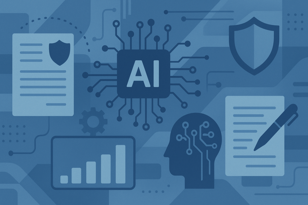 Ilustração editorial horizontal com elementos digitais e símbolos de seguros, como escudos e apólices, representando a relação entre inteligência artificial e setor de seguros.