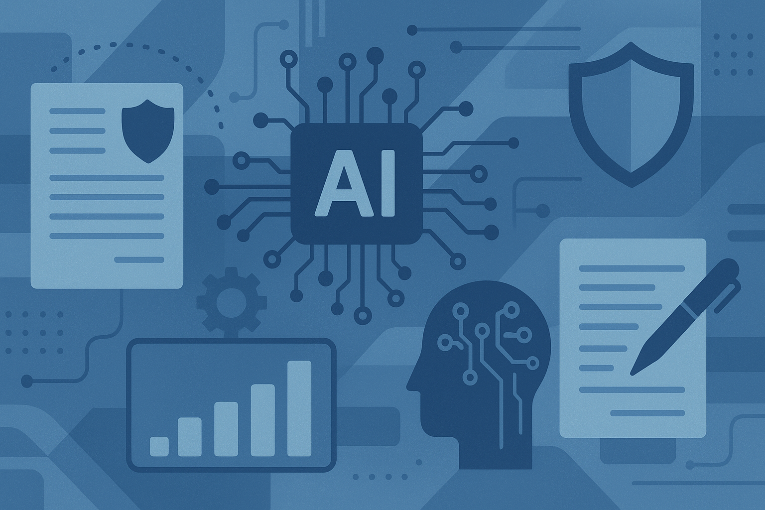 Ilustração editorial horizontal com elementos digitais e símbolos de seguros, como escudos e apólices, representando a relação entre inteligência artificial e setor de seguros.