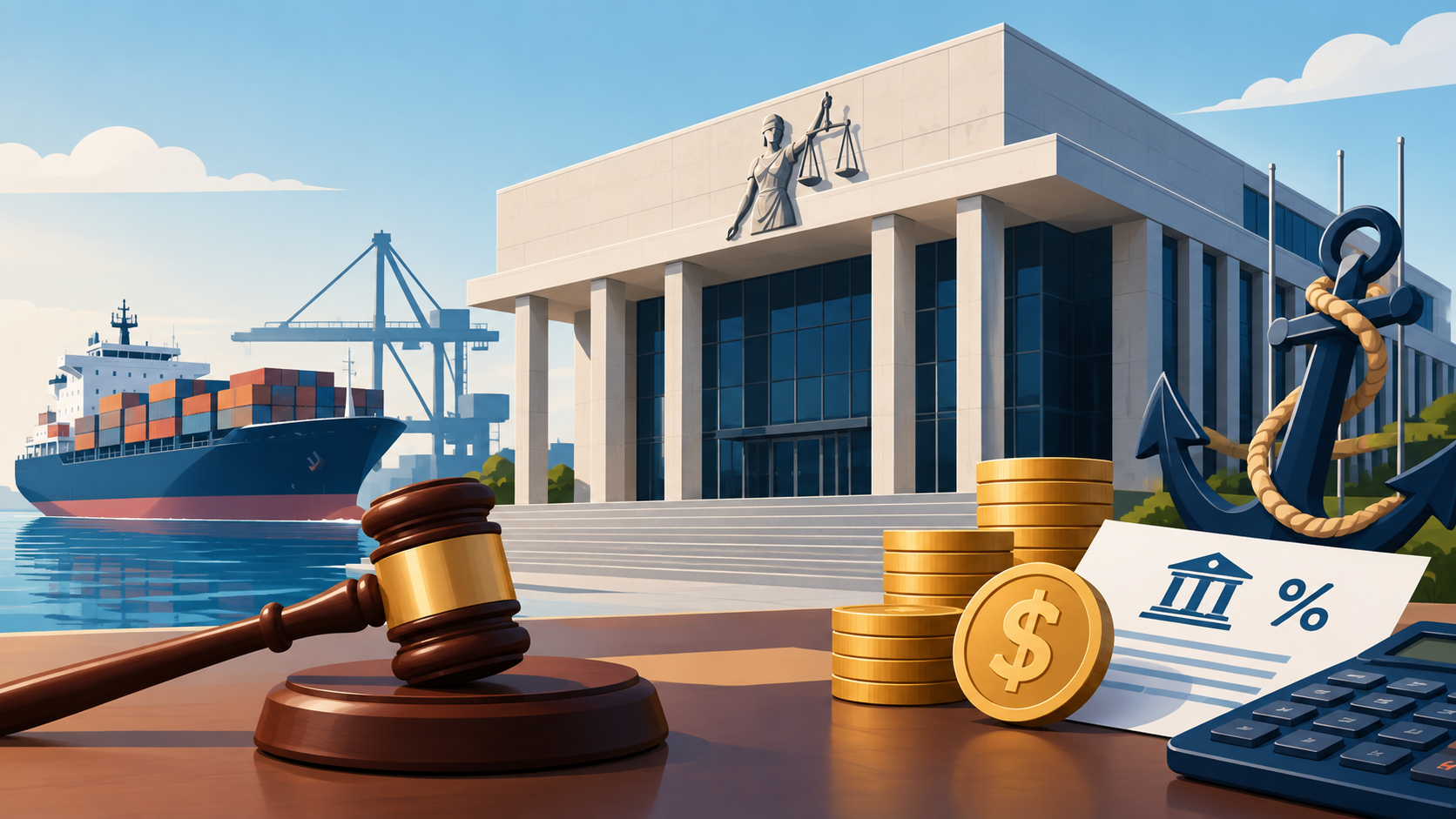 Ilustração editorial horizontal de um tribunal federal com ícones de embarcações e símbolos de moeda representando tributação