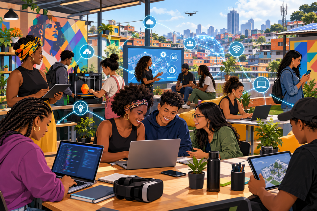 Ilustração de um ecossistema de inovação em periferia urbana com jovens e mulheres empreendedoras conectadas por redes digitais e tecnologia
