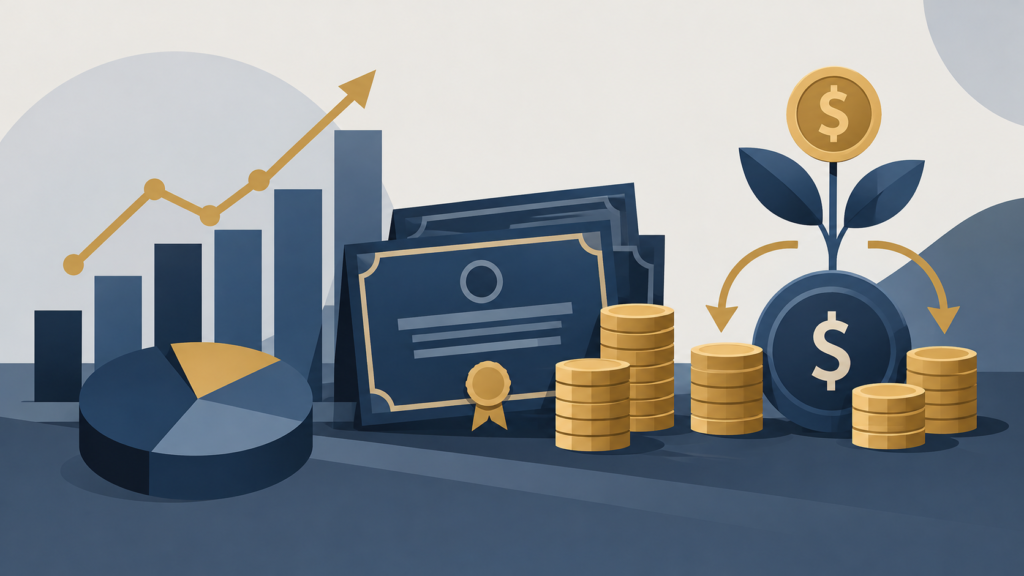 Ilustração editorial horizontal com gráficos financeiros, ícones abstratos representando debêntures e dividendos em cores sóbrias e estilo moderno