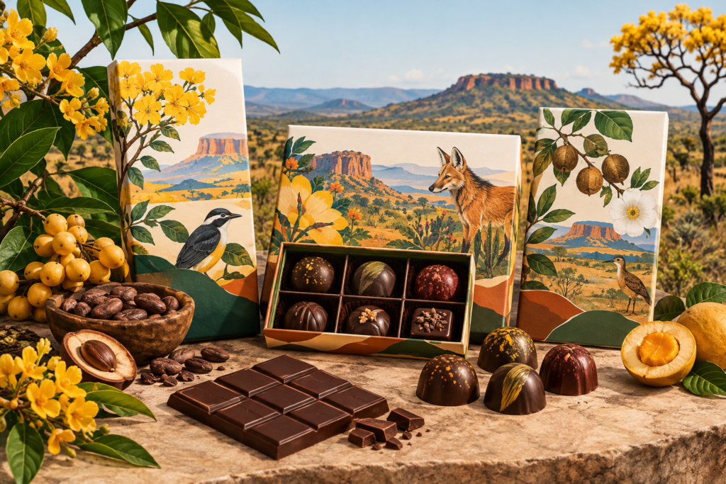 Ilustração editorial horizontal de chocolates artesanais com embalagens bilíngues e elementos visuais que remetem à biodiversidade do Cerrado