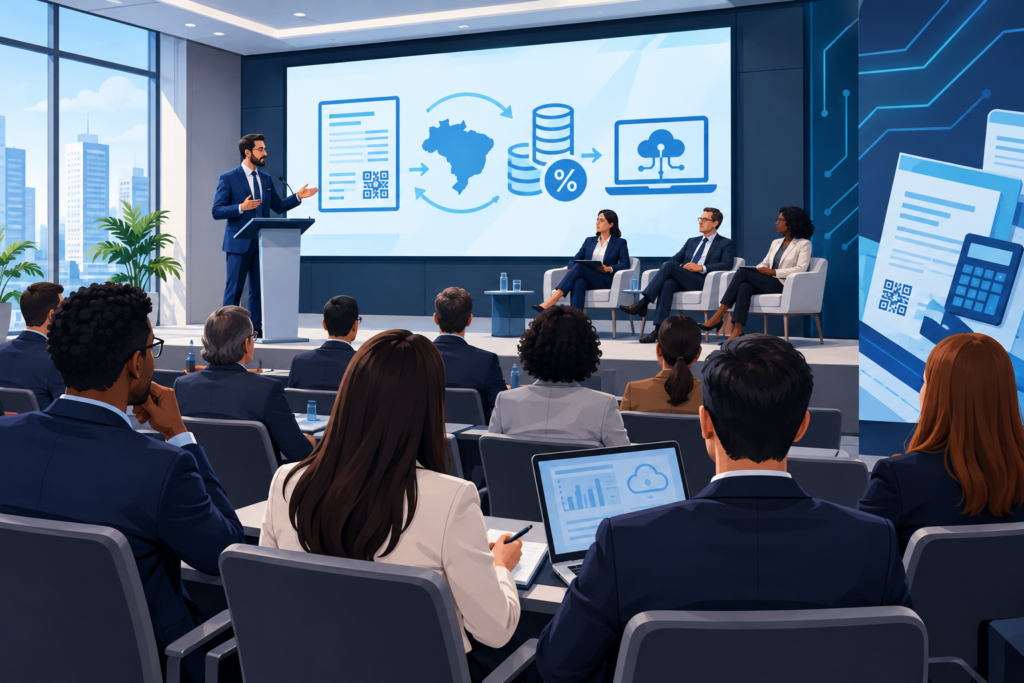 sala de conferencias moderna com profissionais participando de evento sobre reforma tributaria, com documentos fiscais e elementos tecnológicos visíveis