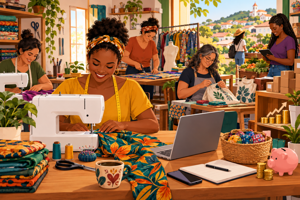 Ilustração editorial horizontal de mulheres em ateliês caseiros costurando, simbolizando empreendedorismo e desenvolvimento comunitário em Vitória