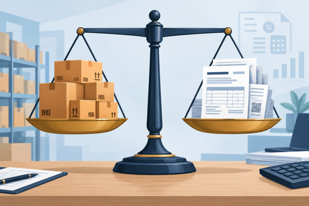 balança de justiça equilibrando caixas de estoque e documentos fiscais representando impacto da substituição tributária no estoque de empresas do Simples Nacional