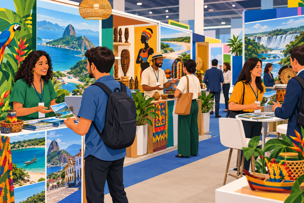 Ilustração editorial horizontal de pequenos empreendedores de turismo interagindo em feira de negócios com estandes e elementos culturais brasileiros