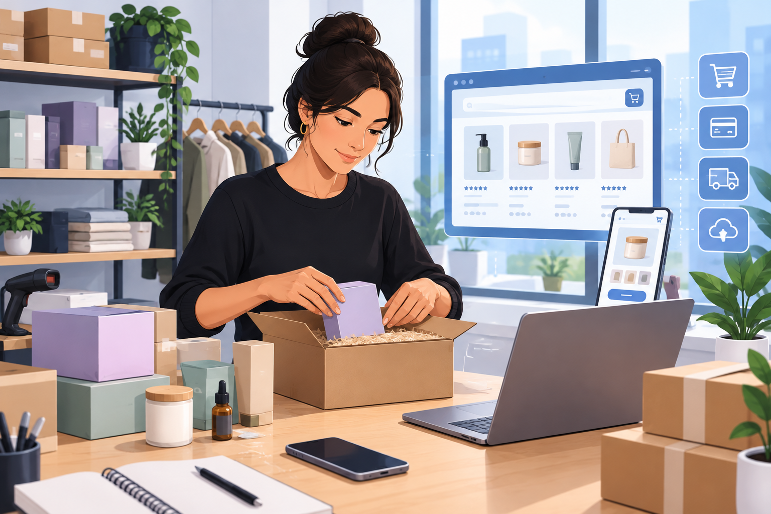 Ilustração editorial horizontal de mulher empreendedora organizando produtos para venda online em ambiente moderno com elementos de comércio eletrônico e tecnologia