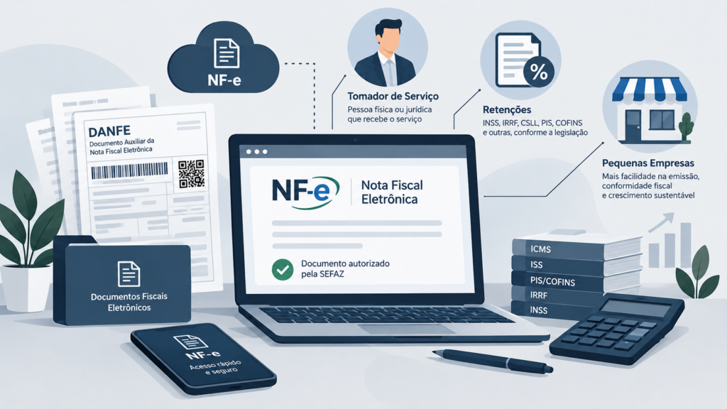 Ilustração editorial horizontal com ícones digitais de nota fiscal eletrônica, tomador de serviço, retenções e pequenas empresas em estilo moderno