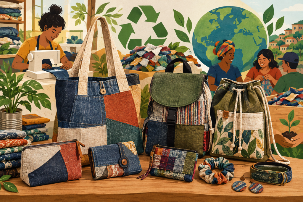 bolsas e acessórios artesanais feitos com tecidos reaproveitados dispostos sobre uma mesa, ilustrando sustentabilidade e impacto social