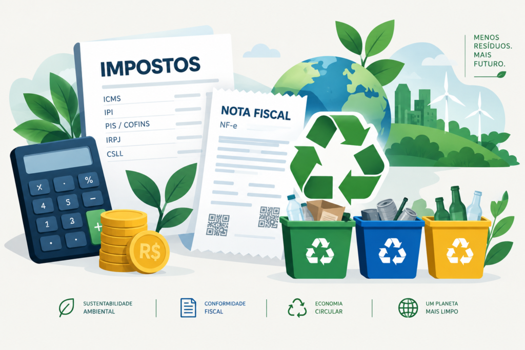 Ilustração editorial horizontal com símbolos de impostos, materiais recicláveis e documentos fiscais representando sustentabilidade e conformidade tributária
