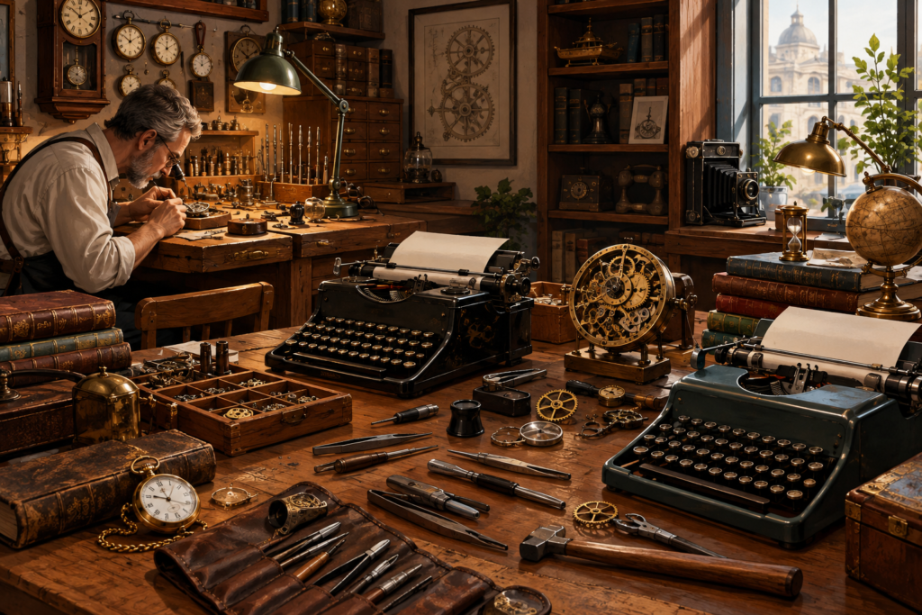 Oficina tradicional com máquinas de escrever antigas, ferramentas manuais, engrenagens e objetos vintage organizados em uma mesa de trabalho