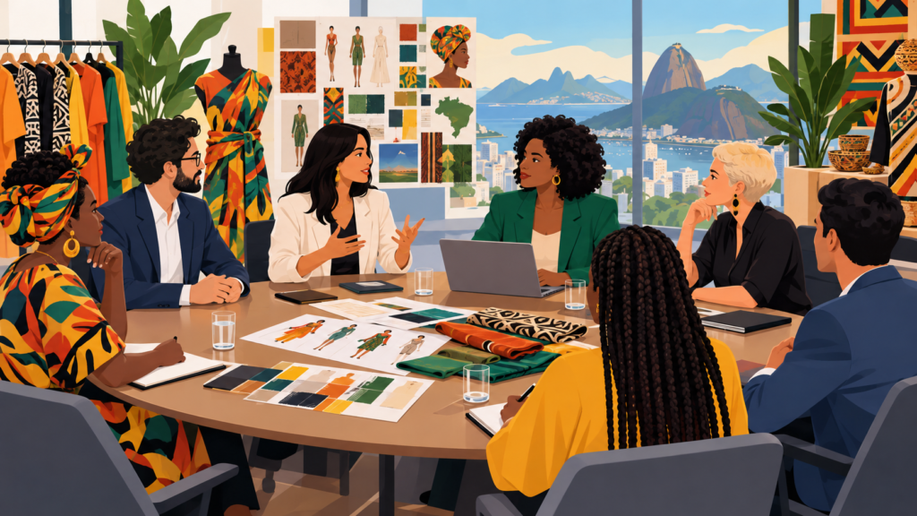 Ilustração editorial horizontal de um encontro profissional com lideranças discutindo moda e diversidade cultural brasileira, com elementos gráficos representando inovação e colaboração
