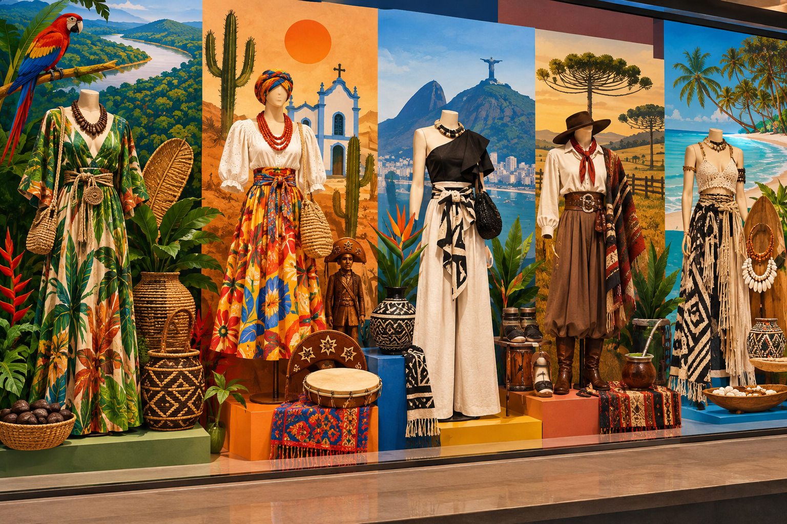 Ilustração editorial horizontal de vitrine com peças de moda autoral brasileiras, destacando elementos culturais e artesanais variados