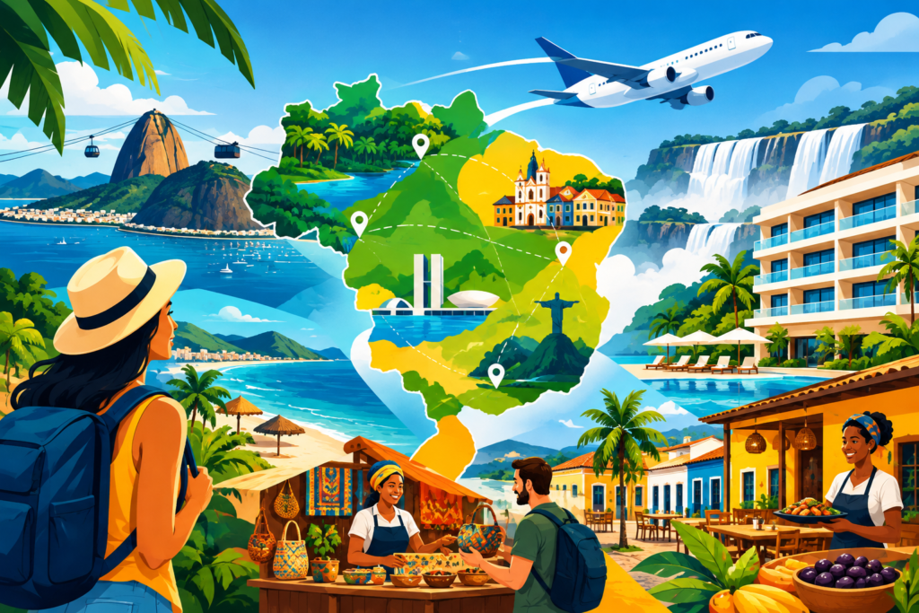 Ilustração editorial horizontal com símbolos do turismo brasileiro, incluindo mapas, aviões, hotéis e pequenos negócios em estilo moderno e colorido