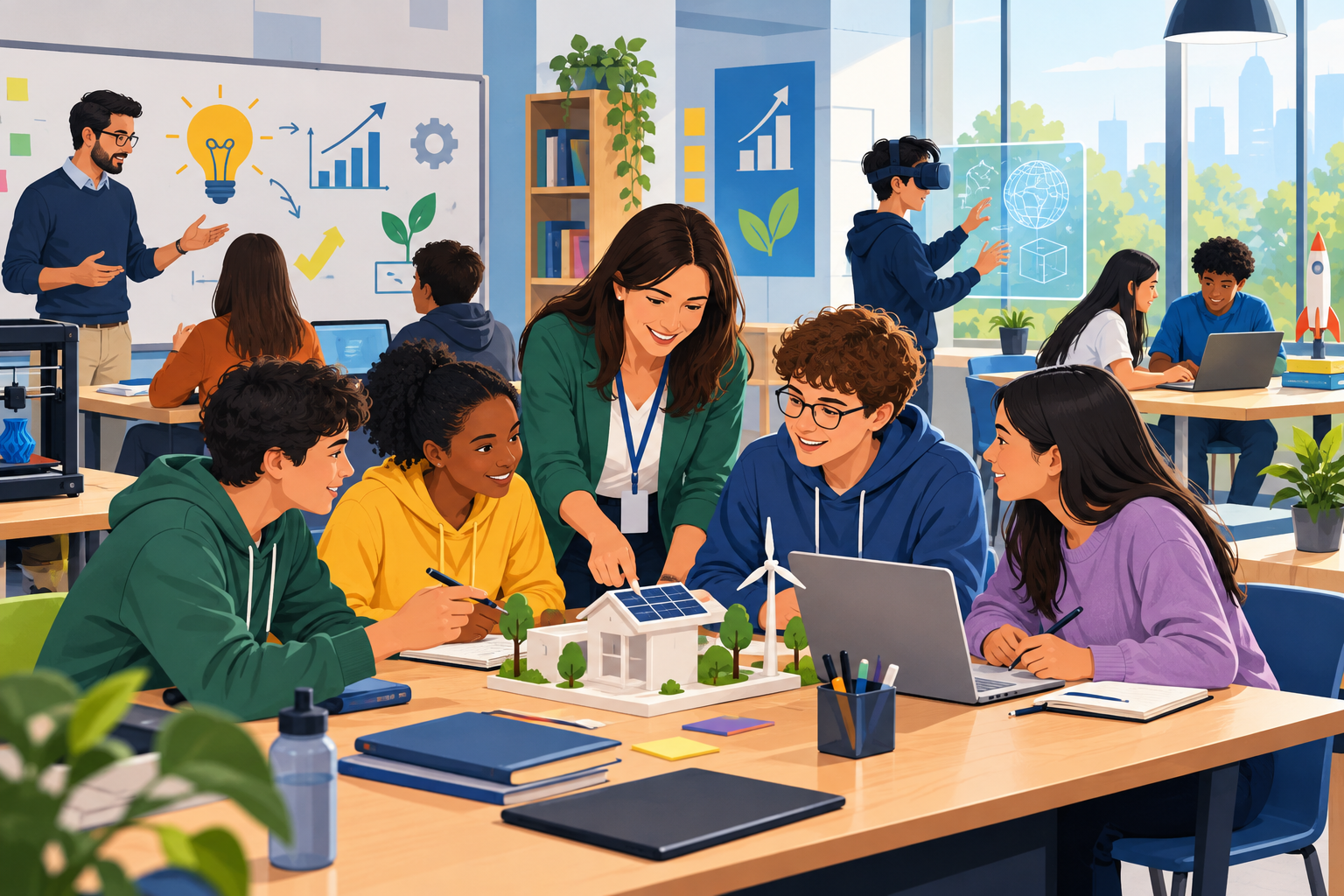 Ilustração editorial horizontal de um ambiente escolar moderno com professores e estudantes interagindo, simbolizando educação empreendedora e inovação