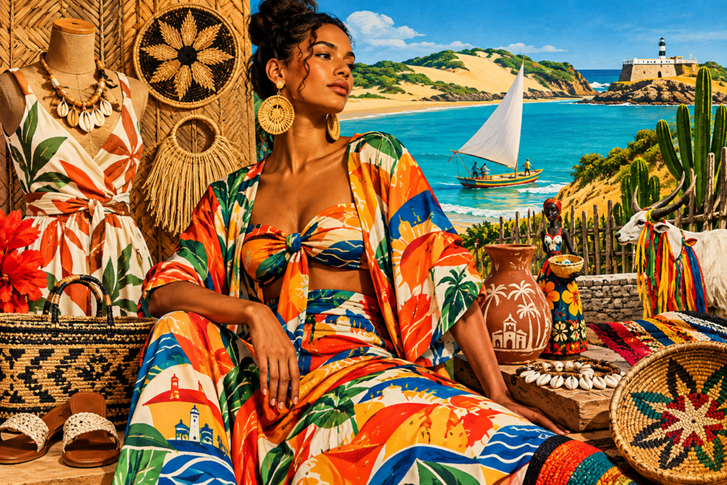 Ilustração editorial horizontal com elementos de moda autoral e artesanato do Rio Grande do Norte, destacando cores vibrantes e estampas culturais