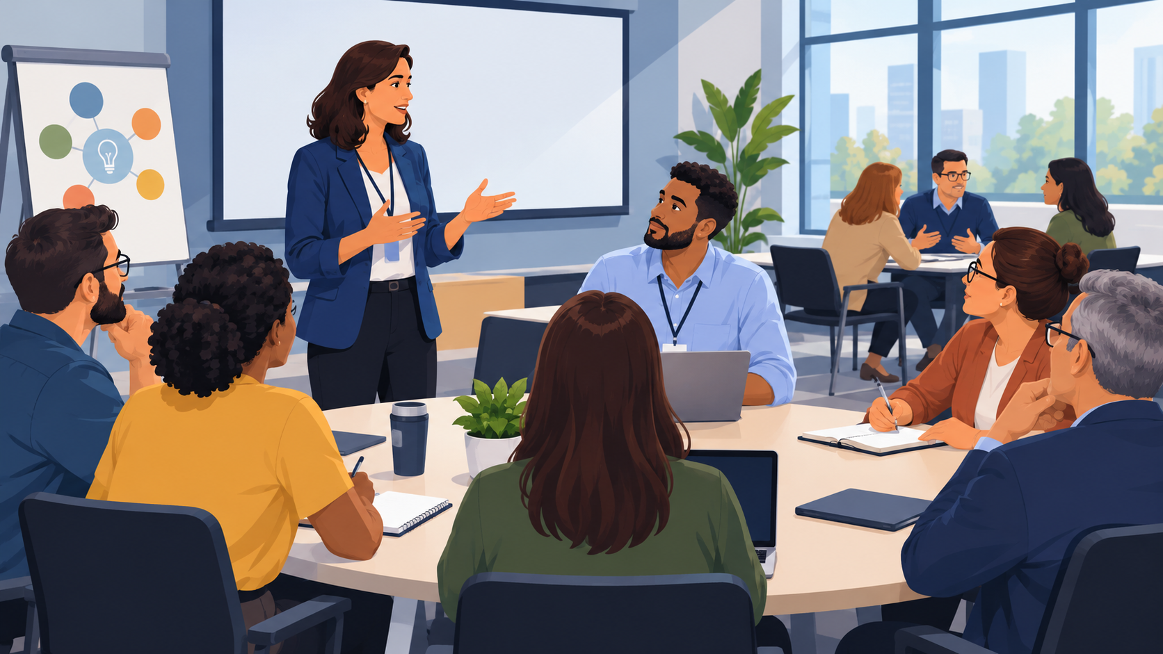 ilustracao de um seminario educacional com professores e gestores reunidos em ambiente moderno discutindo temas educacionais
