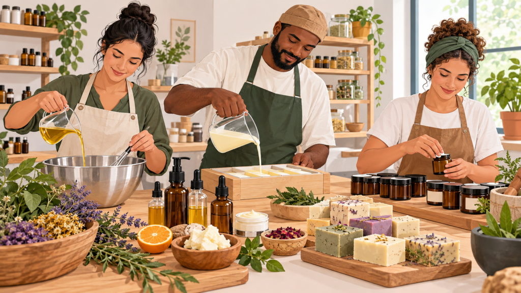Ilustração editorial horizontal de produtores artesanais fabricando cosméticos naturais com frascos, sabonetes e ingredientes naturais em ambiente organizado