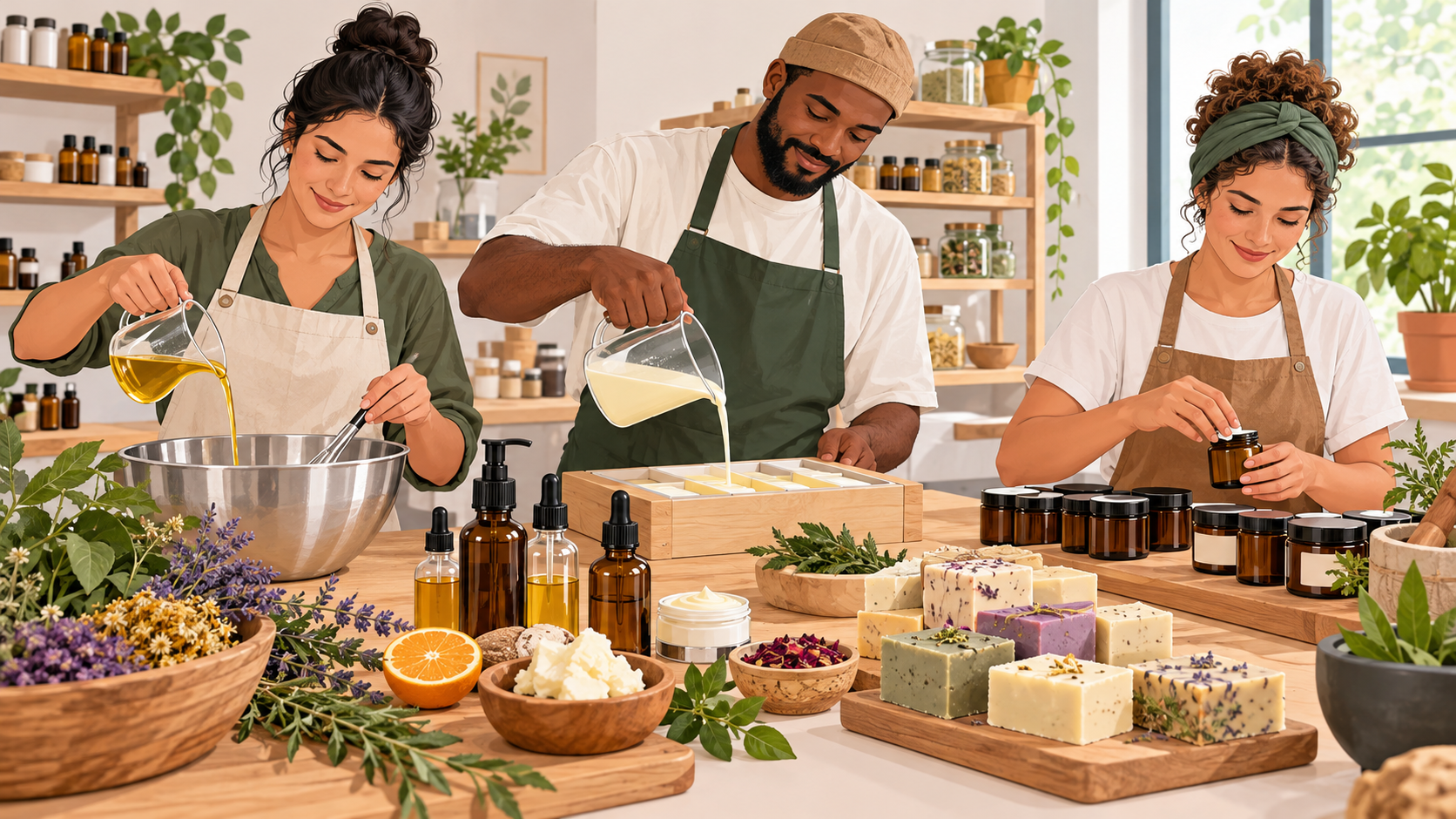 Ilustração editorial horizontal de produtores artesanais fabricando cosméticos naturais com frascos, sabonetes e ingredientes naturais em ambiente organizado